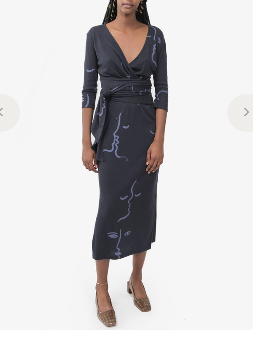 Paloma Wool Navy Wrap Midi Dress with Lavender Line Faces
